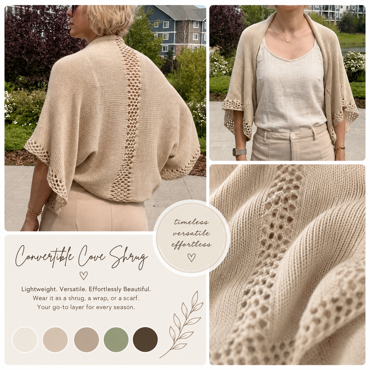 Convertible Cove Shrug, Knitting Pattern, Beginner Knitting Pattern, Shrug Knitting Pattern, Cotton Shrug, Lightweight Shrug, Summer Knitting, Vine Mesh Pattern, WatchKnitting, Ravelry Pattern, Etsy Pattern, Knitted Wrap, Knitted Scarf, Layering Piece, Handmade Wardrobe