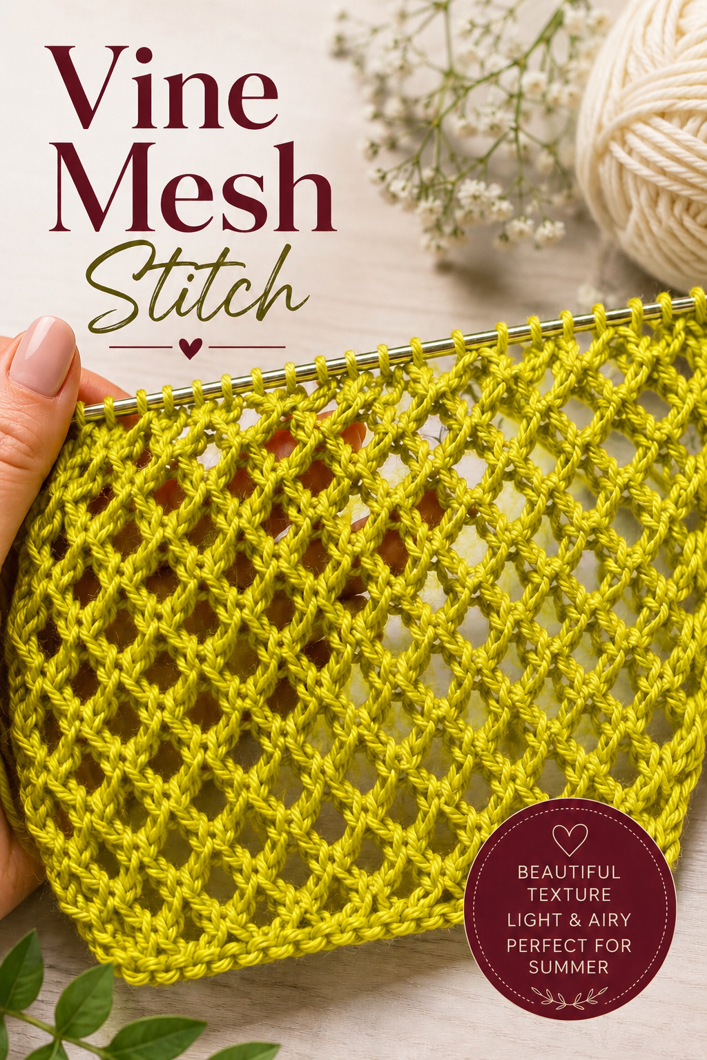 Vine Mesh Stitch – Easy Lace Knitting Pattern for Summer Projects